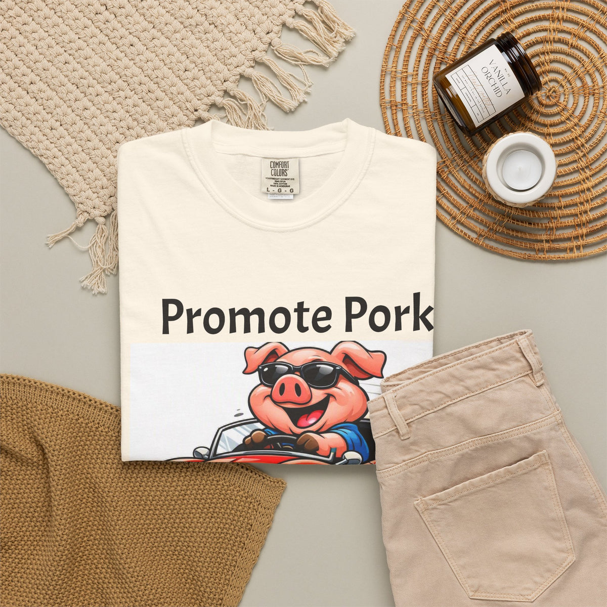 Promote Pork T-Shirt — Funny Pig Driving Car "Run Over a Chicken!" Graphic Tee