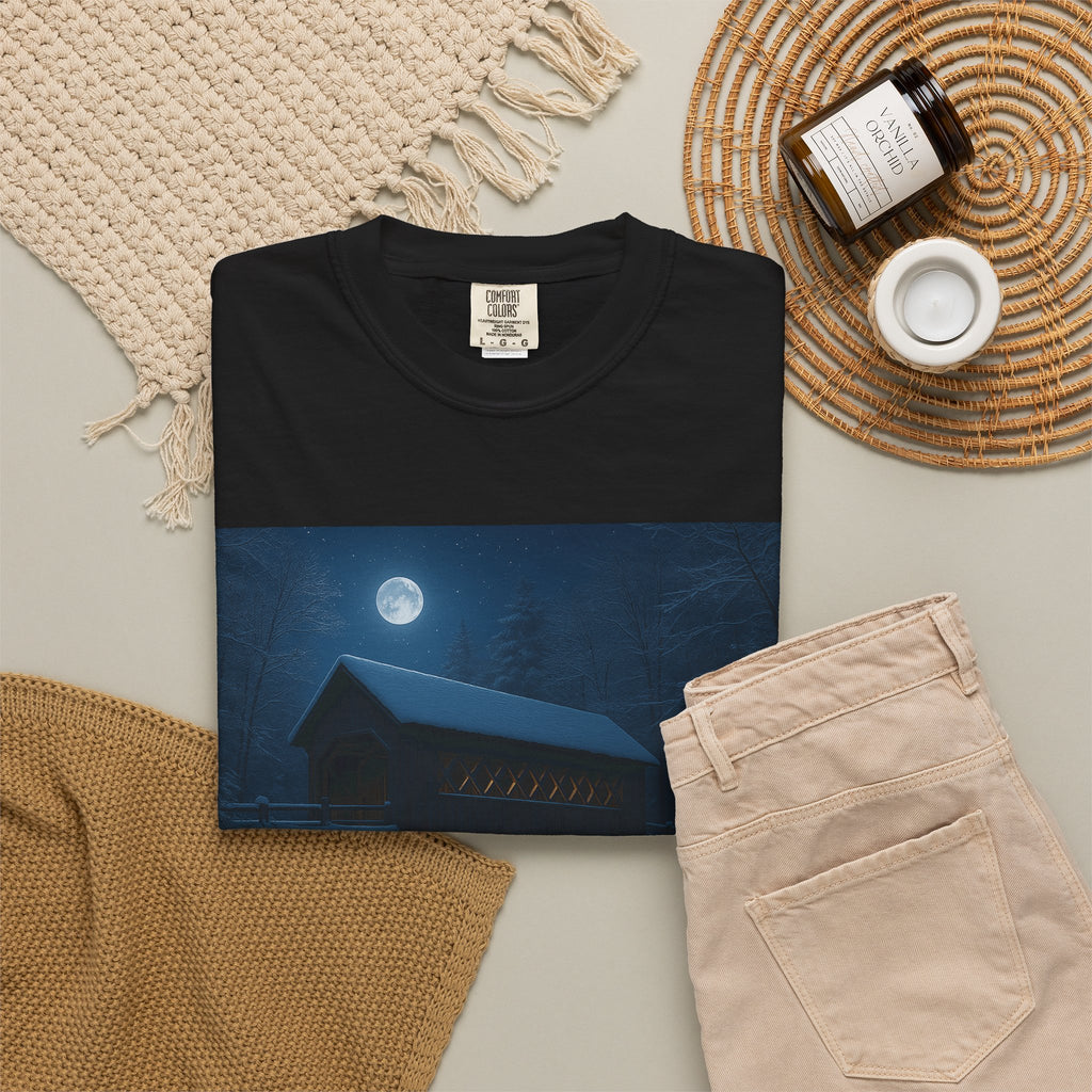 Moonlit Covered Bridge T-Shirt — Night Forest Cabin Graphic Tee