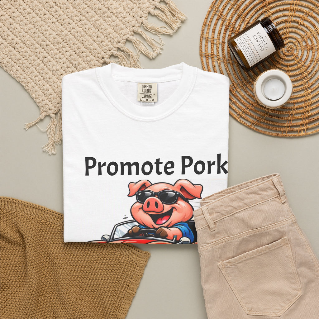 Promote Pork T-Shirt — Funny Pig Driving Car "Run Over a Chicken!" Graphic Tee
