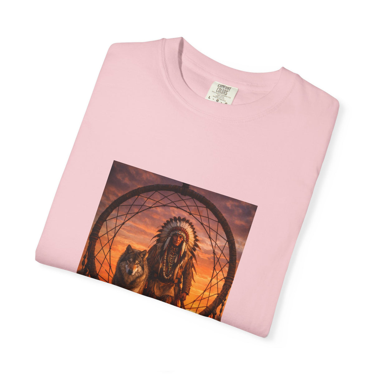 Native Spirit Dreamcatcher T-Shirt — Indigenous Chief & Wolf Sunset Design