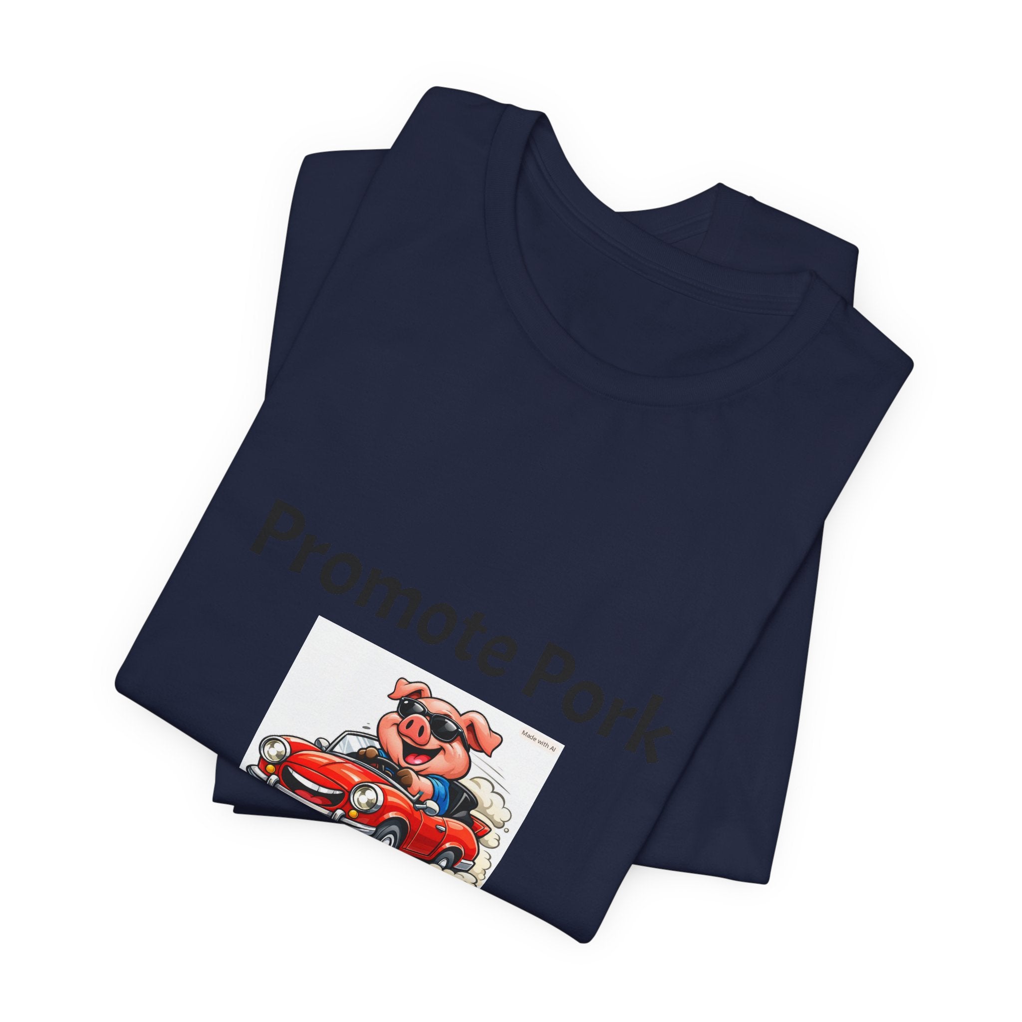 T-Shirt — "Promote Pork Run Over a Chicken!" Vintage Cartoon Pig Graphic Tee