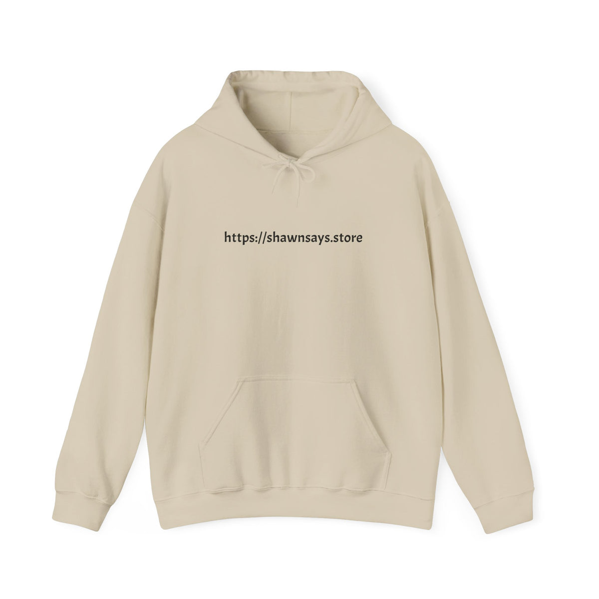 Hoodie with URL Chest Print — https://shawnsays.store Minimalist White Pullover