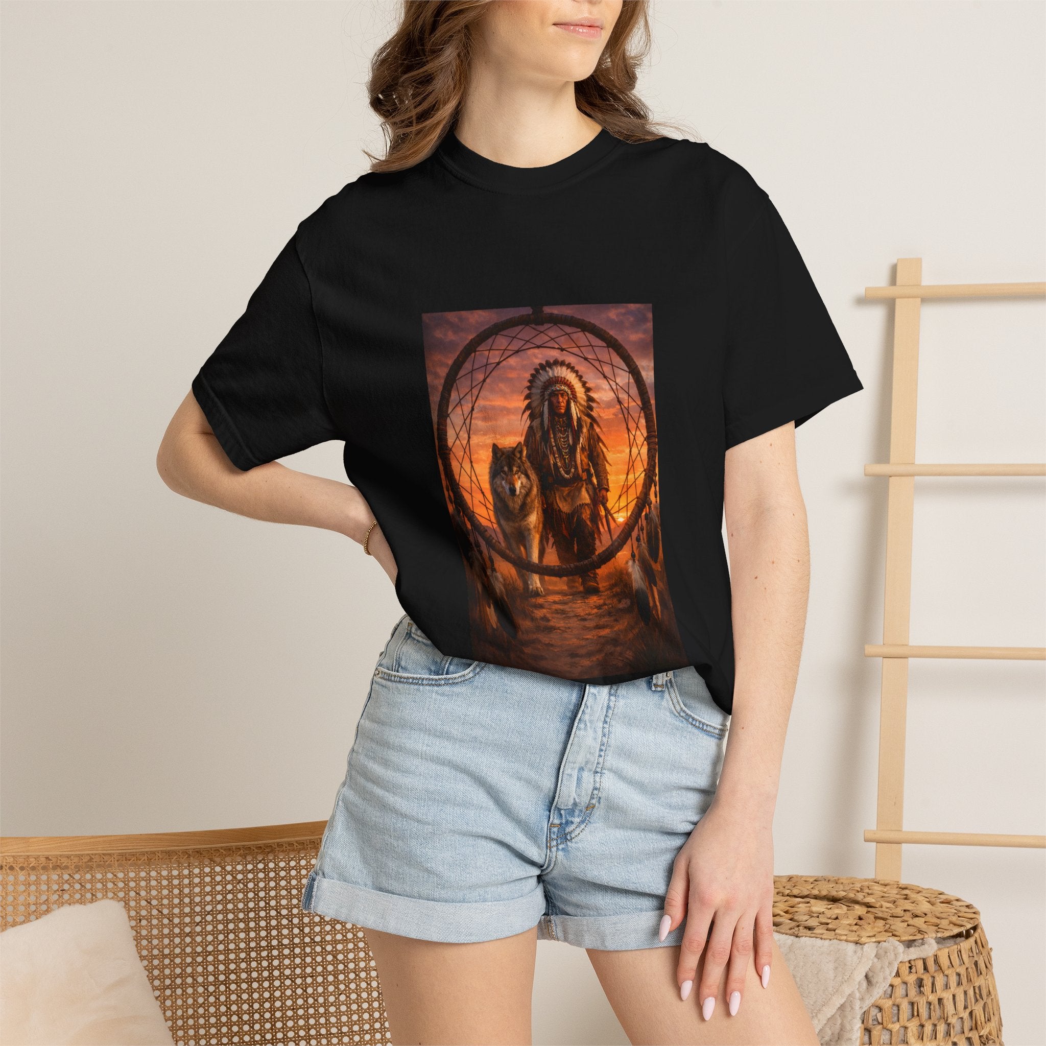 Native Spirit Dreamcatcher T-Shirt — Indigenous Chief & Wolf Sunset Design