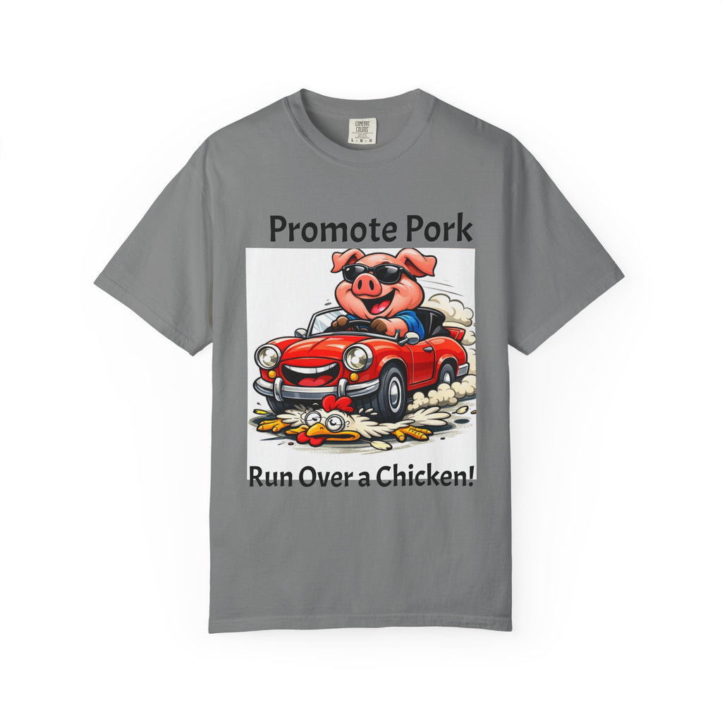 Promote Pork T-Shirt — Funny Pig Driving Car "Run Over a Chicken!" Graphic Tee