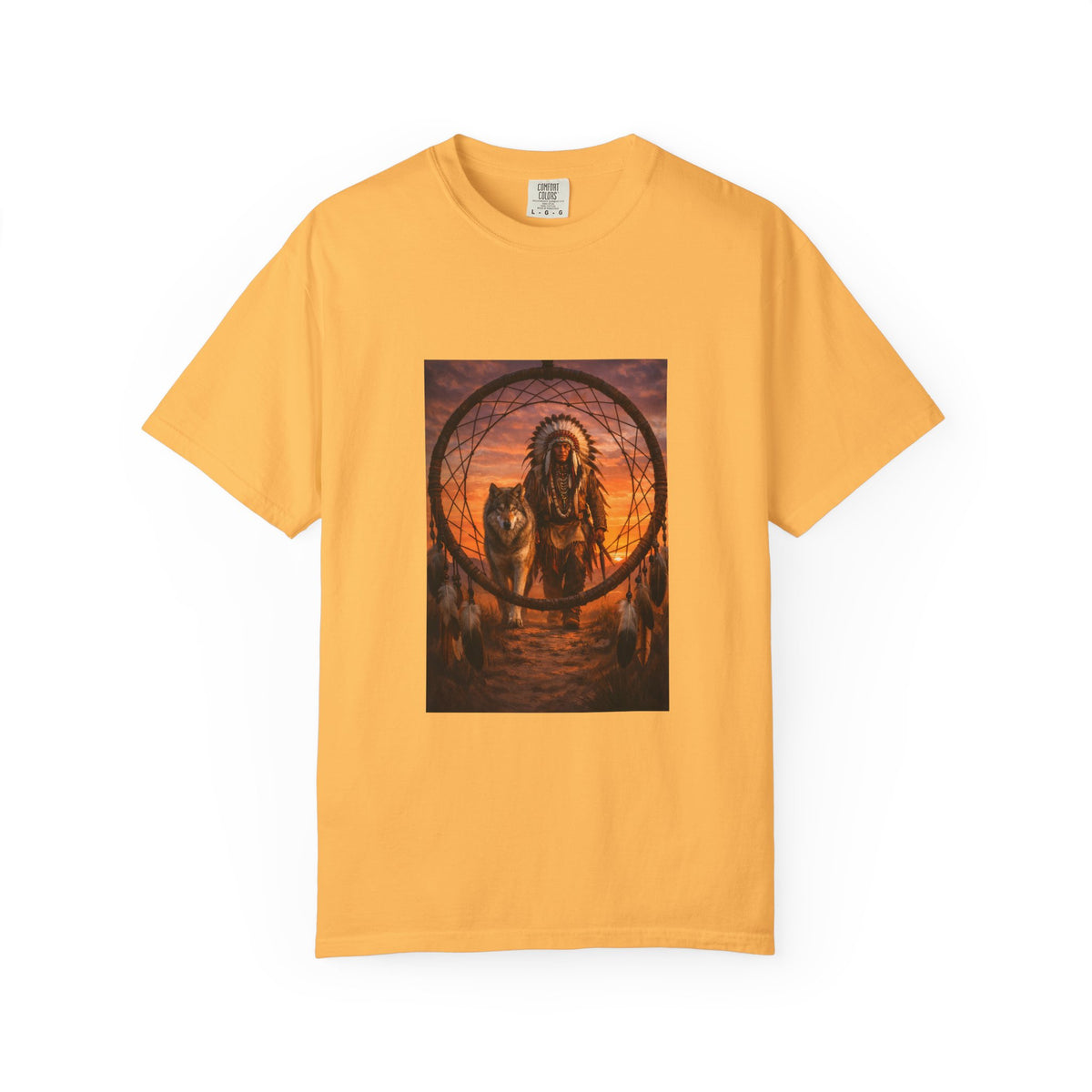 Native Spirit Dreamcatcher T-Shirt — Indigenous Chief & Wolf Sunset Design