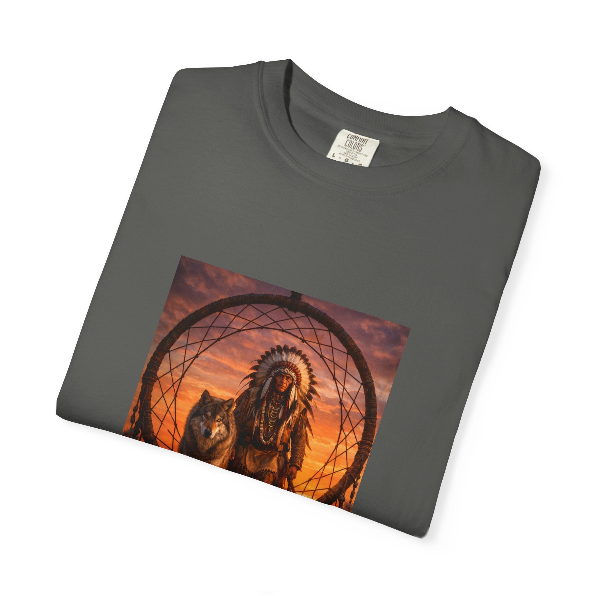 Native Spirit Dreamcatcher T-Shirt — Indigenous Chief & Wolf Sunset Design