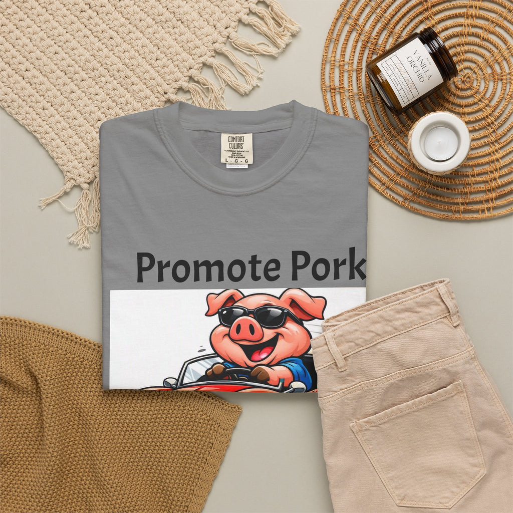 Promote Pork T-Shirt — Funny Pig Driving Car "Run Over a Chicken!" Graphic Tee
