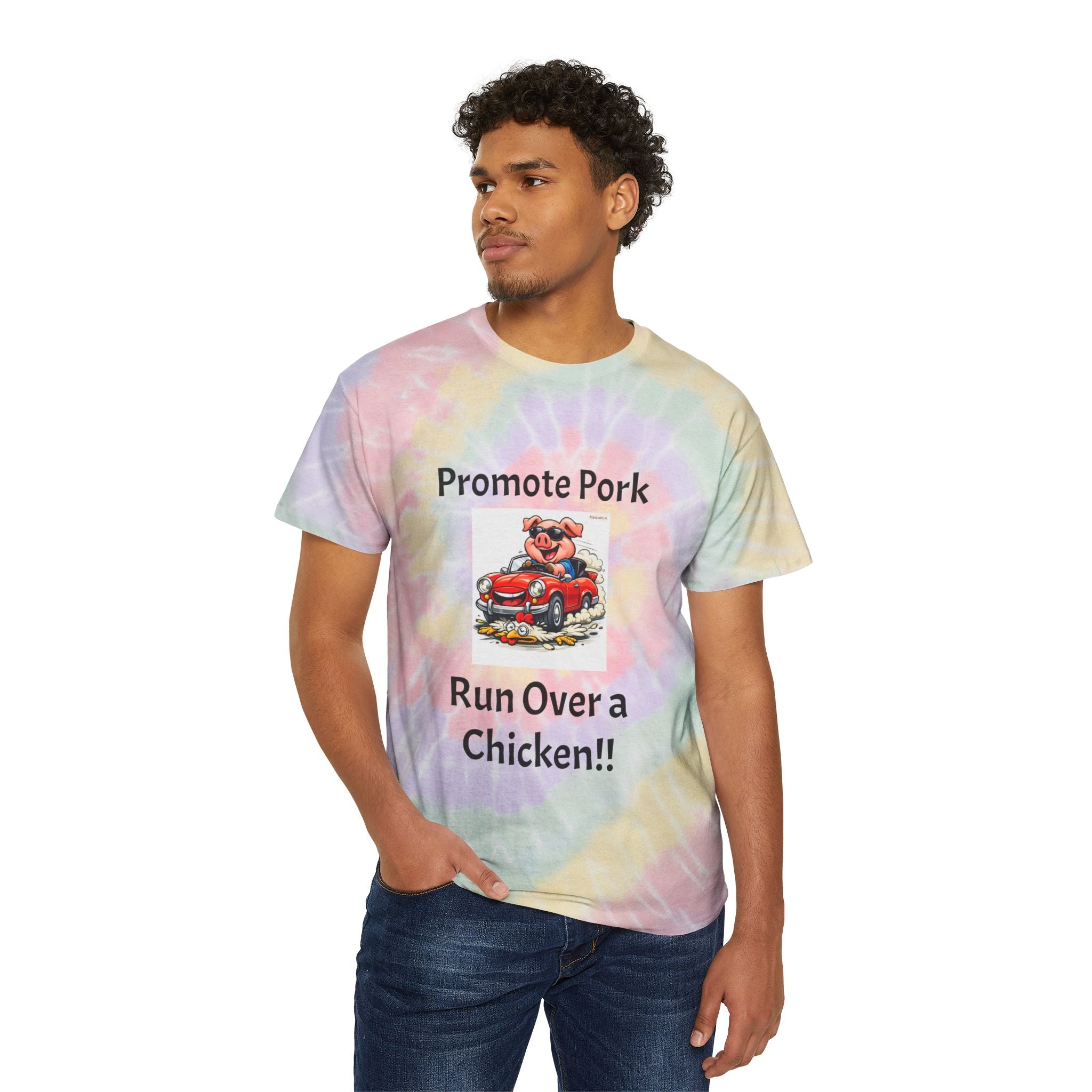 Tie-Dye Tee — "Promote Pork, Run Over a Chicken!!" Spiral Graphic T-Shirt