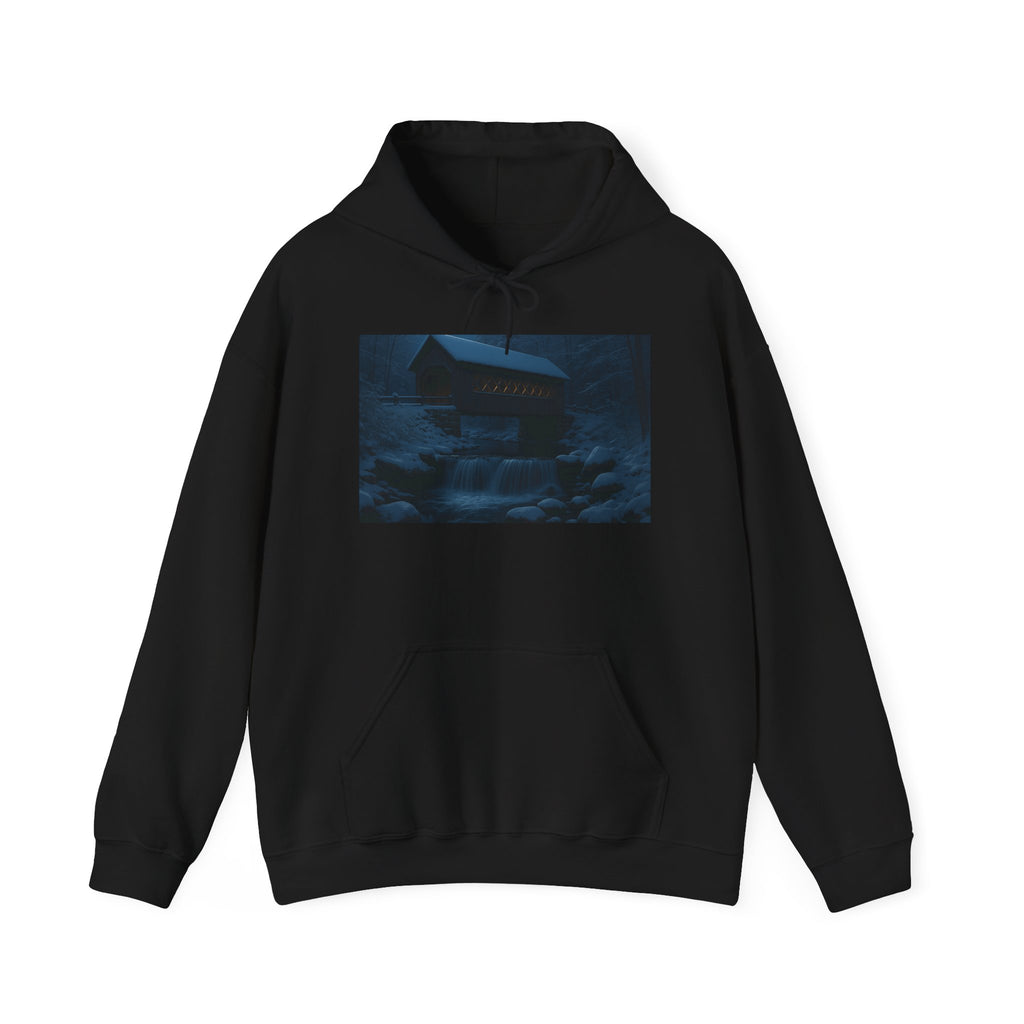 Cottage in Moonlight Hoodie – Nighttime Cabin Scenic Sweatshirt