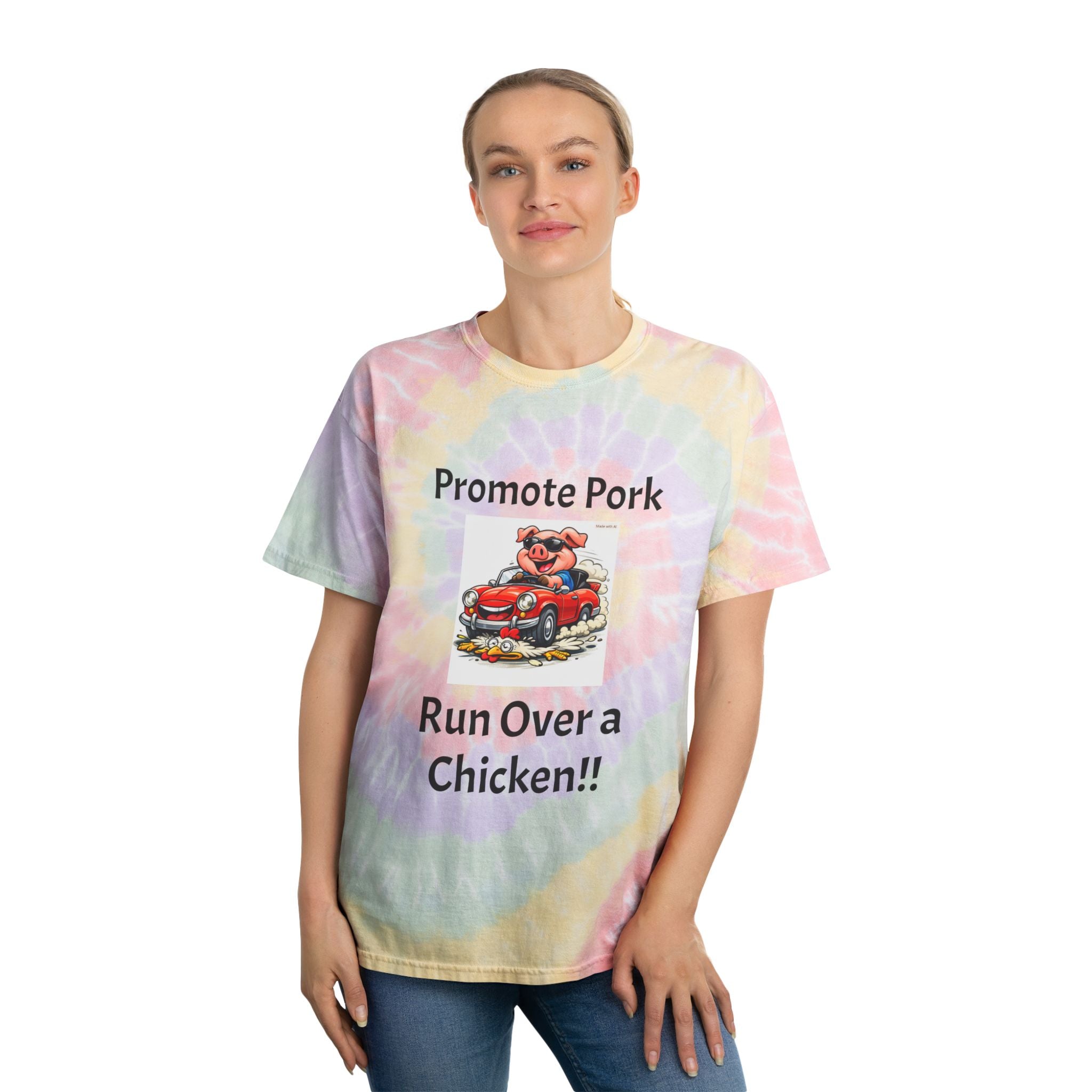 Tie-Dye Tee — "Promote Pork, Run Over a Chicken!!" Spiral Graphic T-Shirt