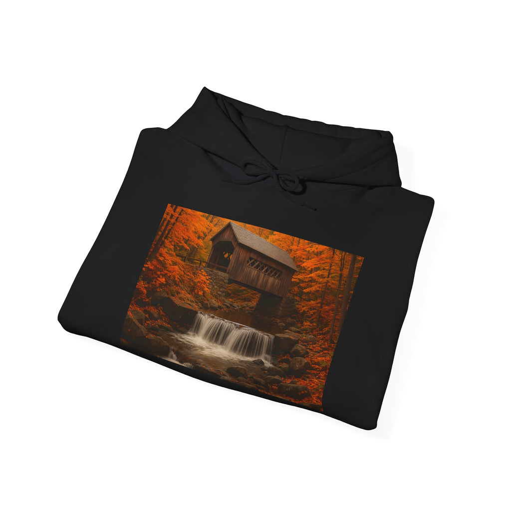 Autumn Cabin Waterfall Hoodie — Cozy Fall Landscape Sweatshirt