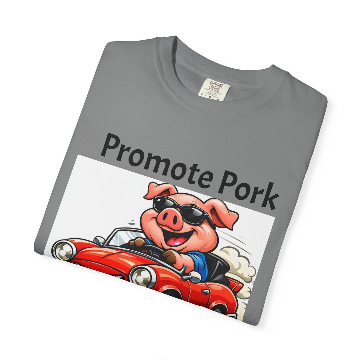 Promote Pork T-Shirt — Funny Pig Driving Car "Run Over a Chicken!" Graphic Tee