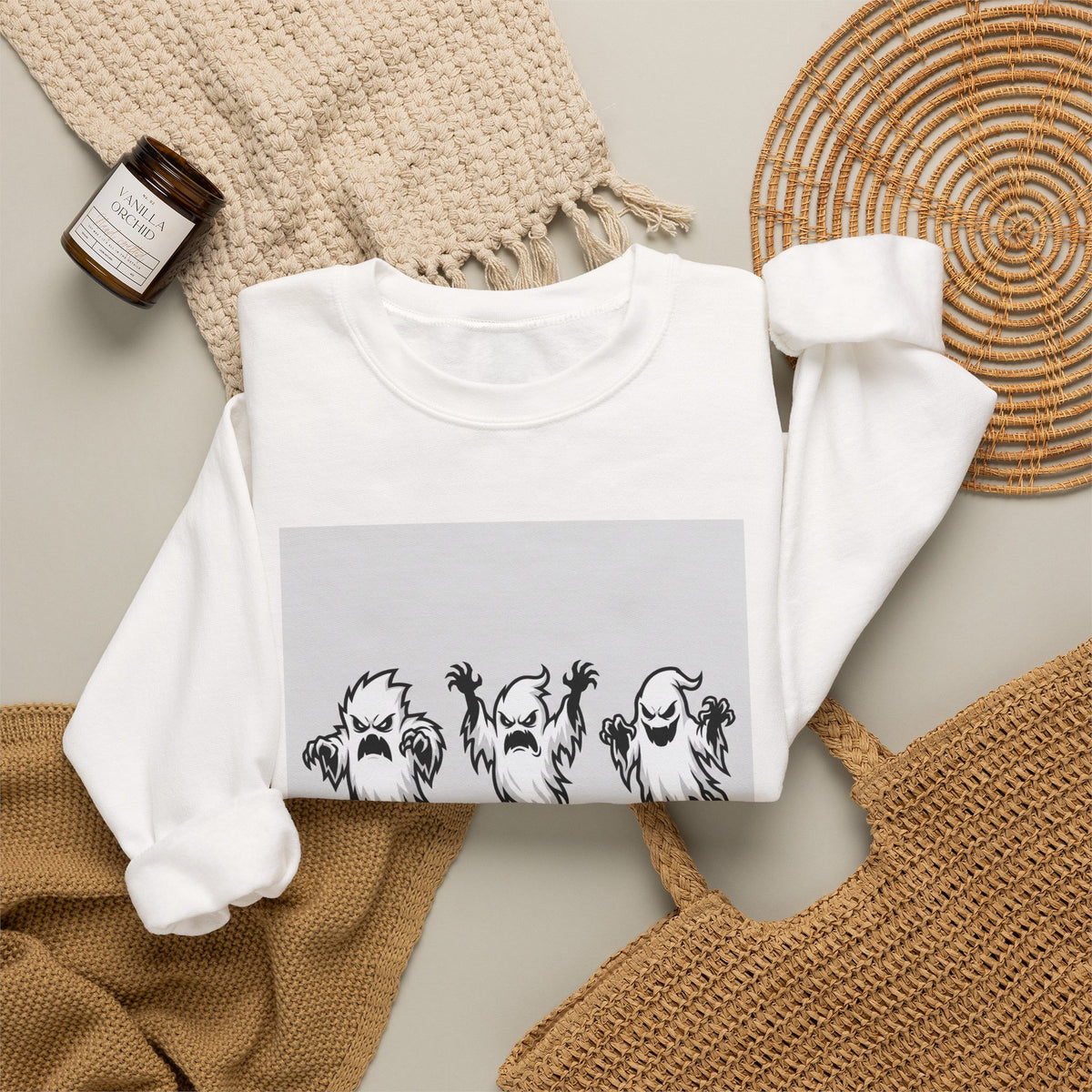 Ghost Trio Crewneck Sweatshirt — "You Better Run!" Halloween Graphic
