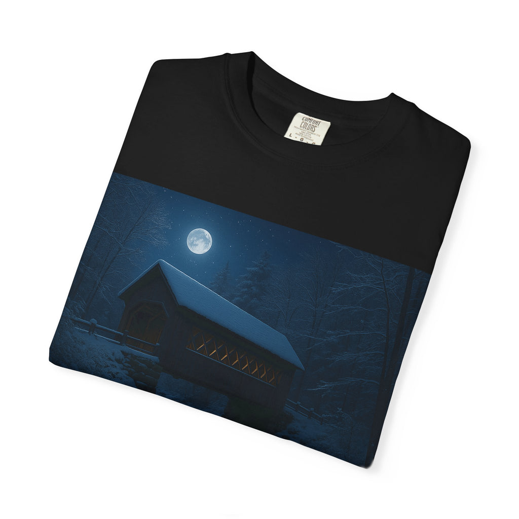 Moonlit Covered Bridge T-Shirt — Night Forest Cabin Graphic Tee