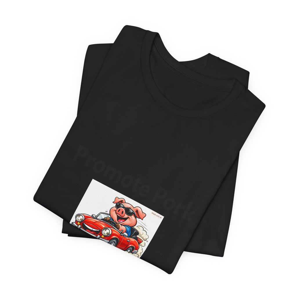 T-Shirt — "Promote Pork Run Over a Chicken!" Vintage Cartoon Pig Graphic Tee