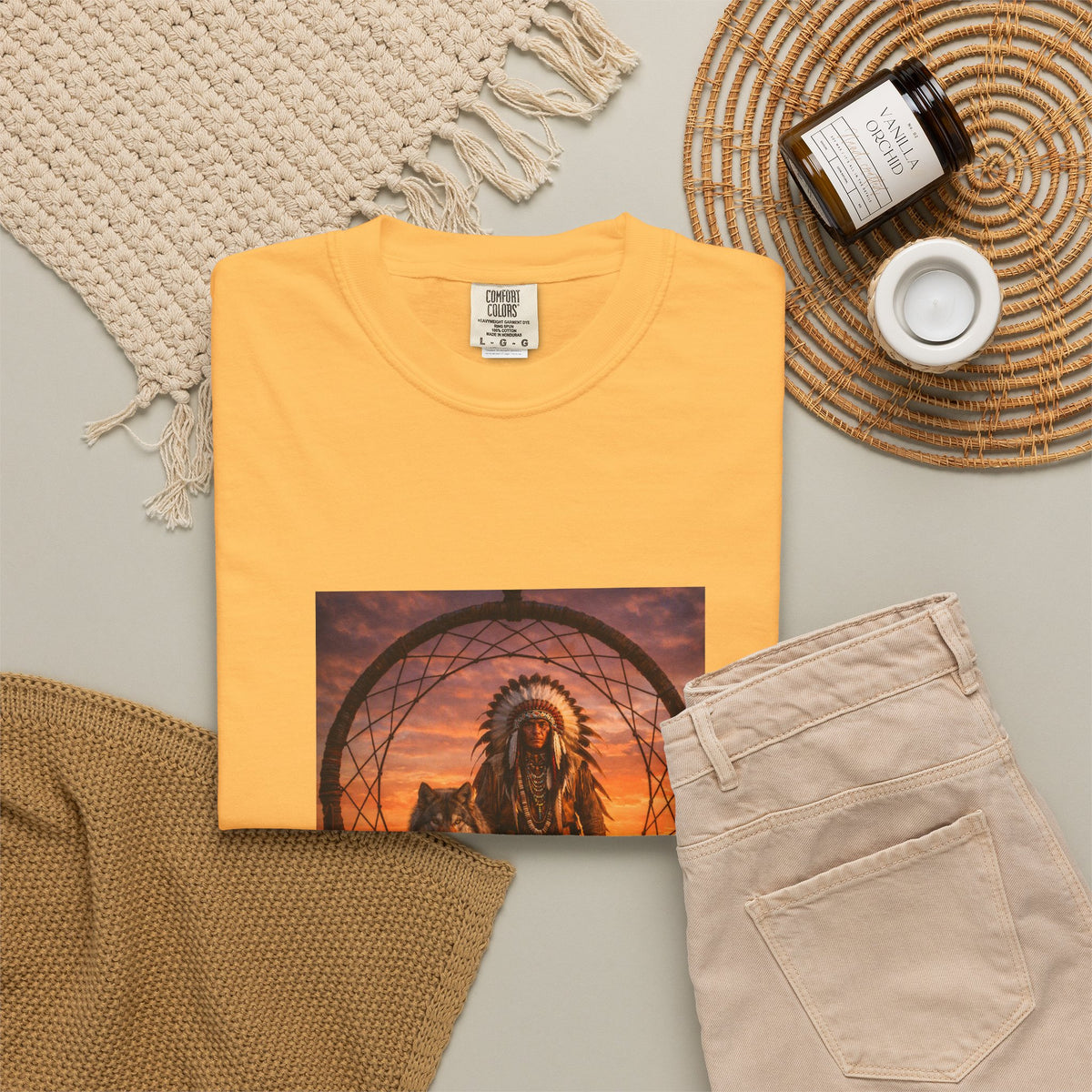 Native Spirit Dreamcatcher T-Shirt — Indigenous Chief & Wolf Sunset Design