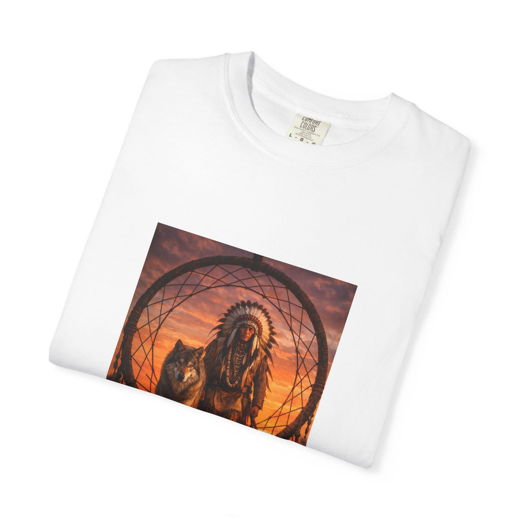 Native Spirit Dreamcatcher T-Shirt — Indigenous Chief & Wolf Sunset Design