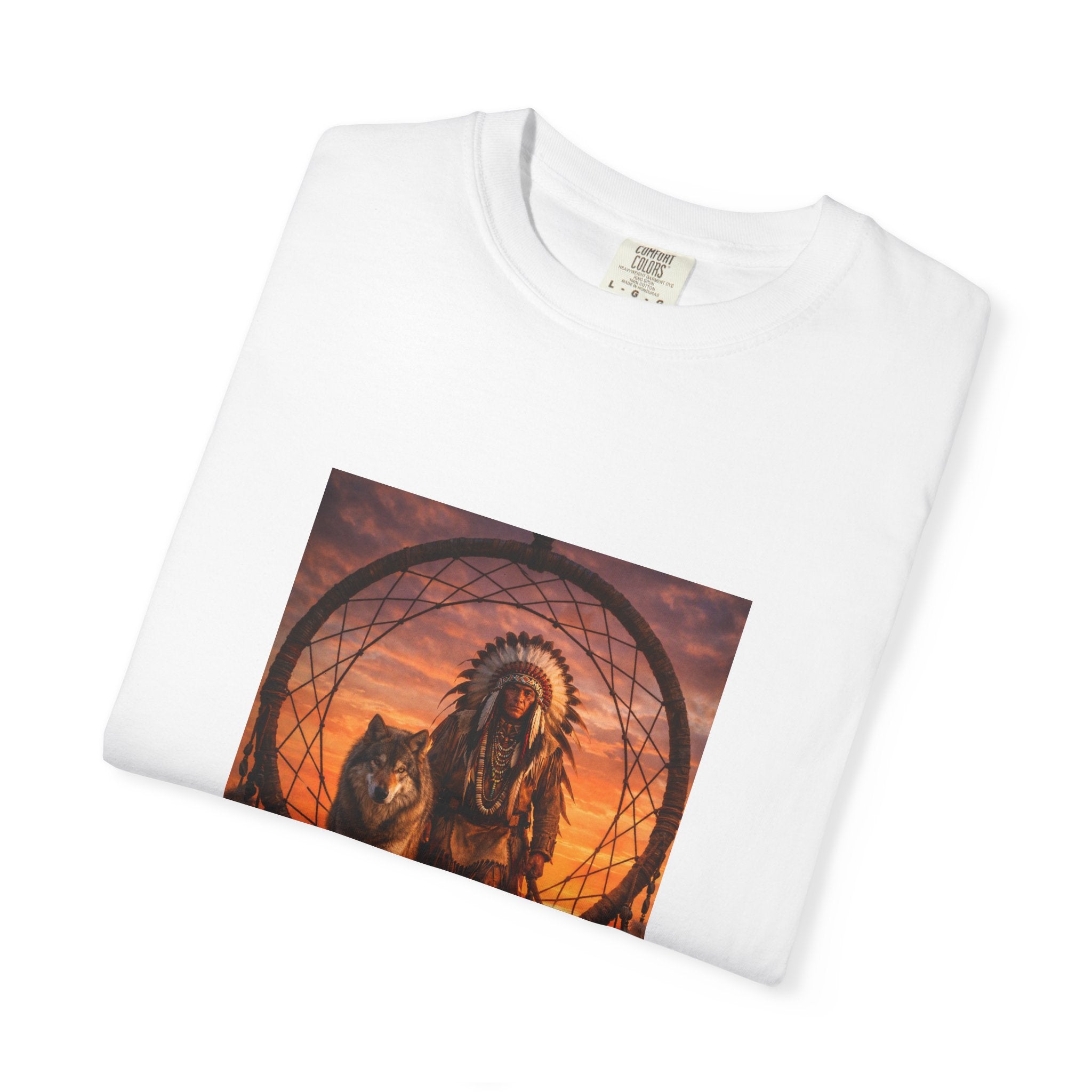Native Spirit Dreamcatcher T-Shirt — Indigenous Chief & Wolf Sunset Design