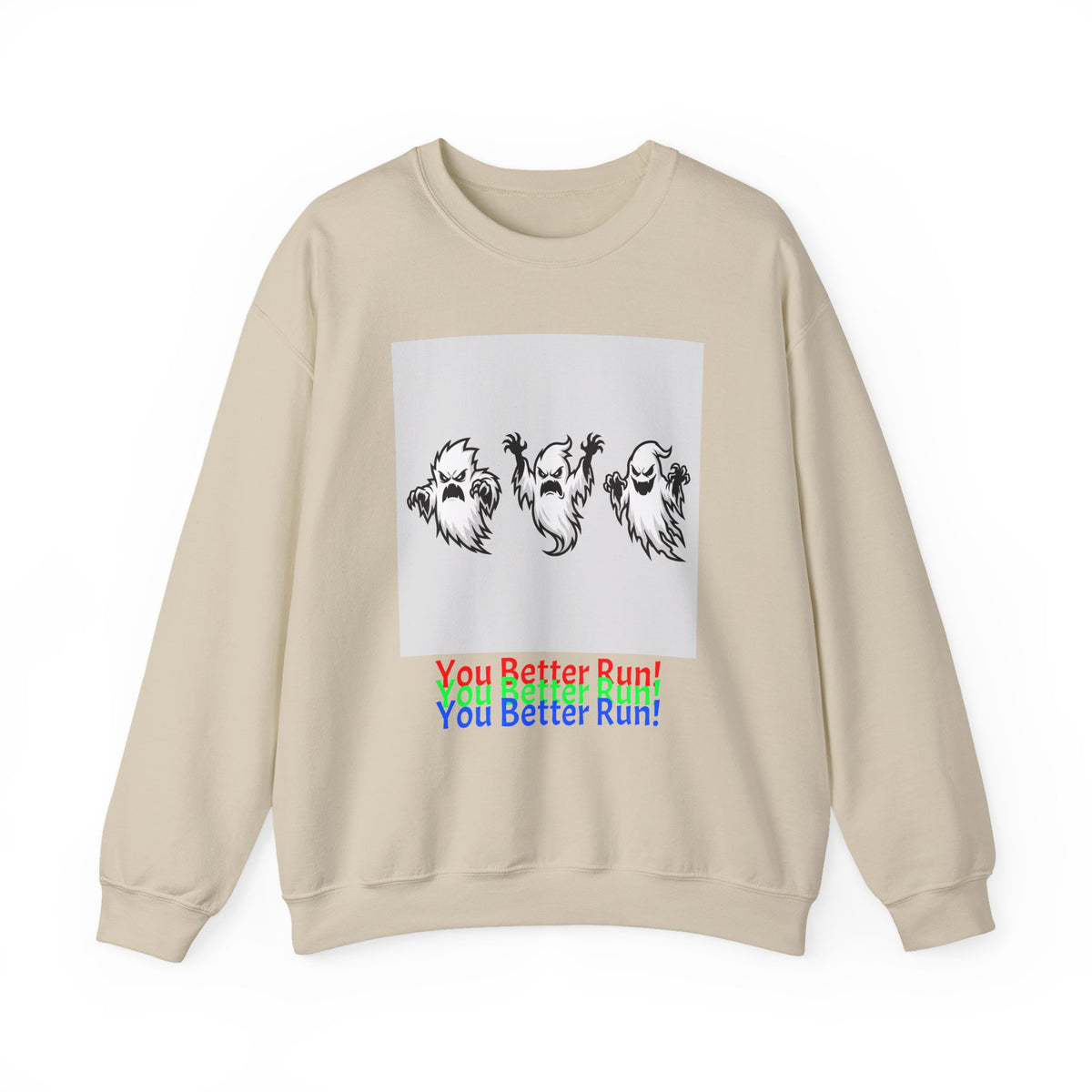 Ghost Trio Crewneck Sweatshirt — "You Better Run!" Halloween Graphic