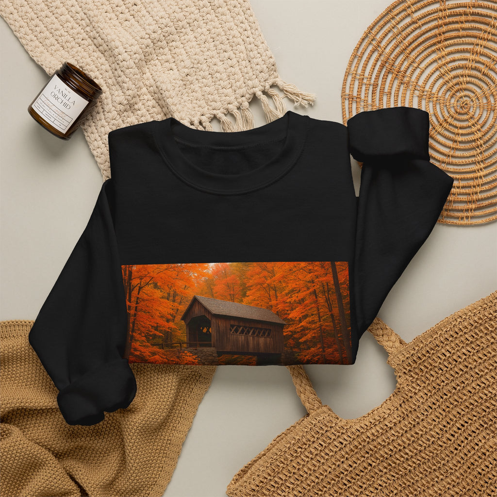 Autumn Covered Bridge Sweatshirt — Rustic Fall Cabin Scenery Crewneck