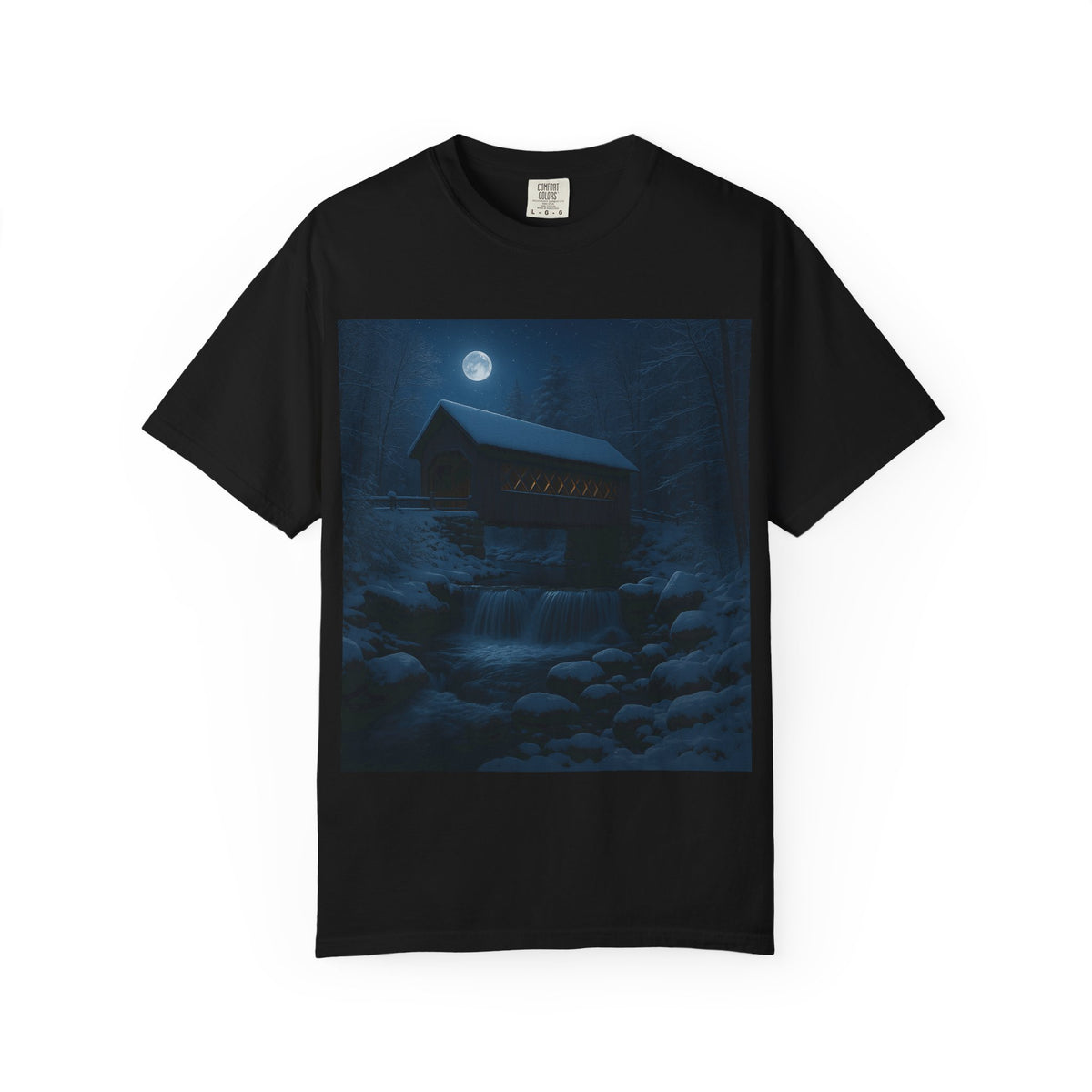 Moonlit Covered Bridge T-Shirt — Night Forest Cabin Graphic Tee