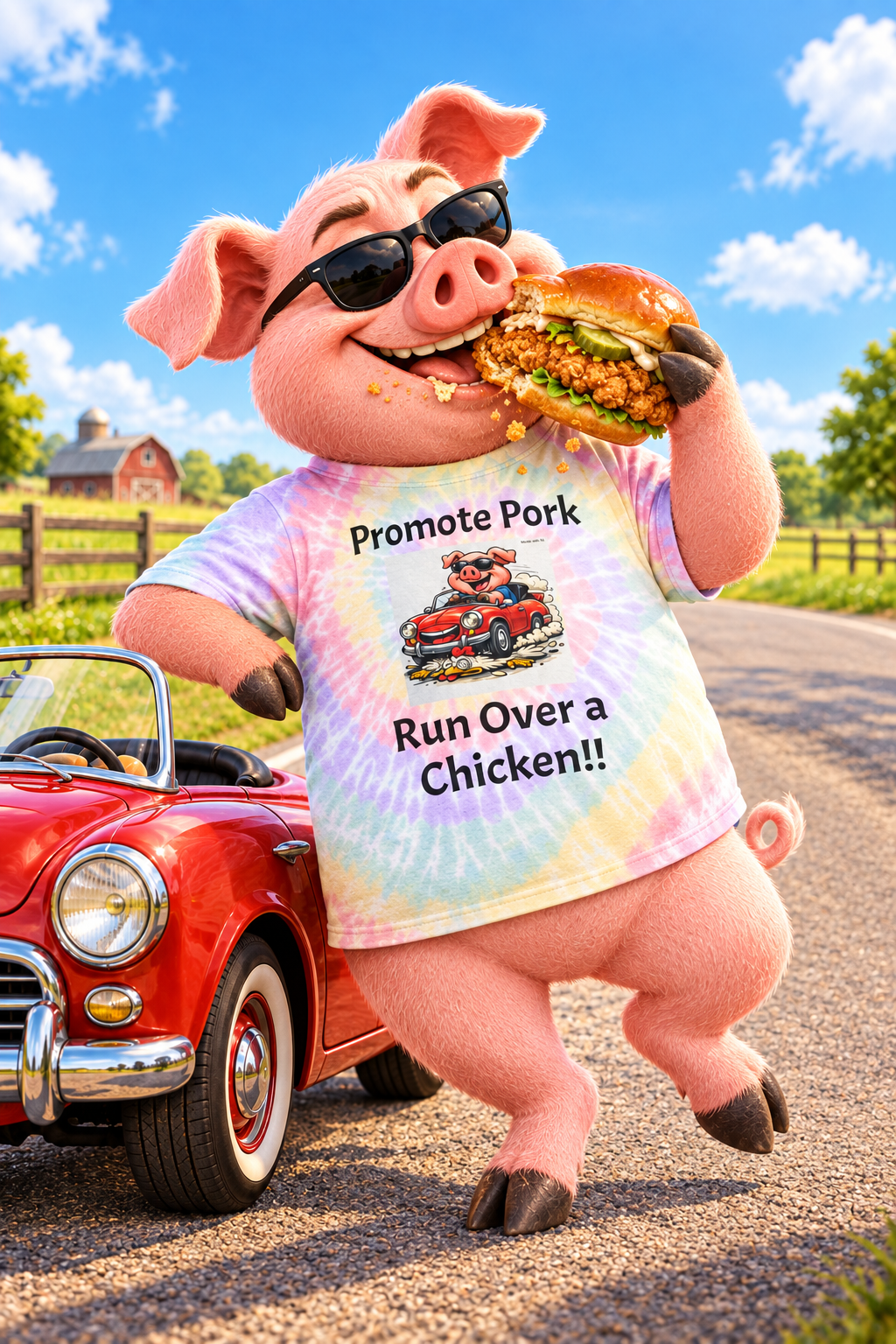Promote Pork T-Shirt — Funny Pig Driving Car "Run Over a Chicken!" Graphic Tee