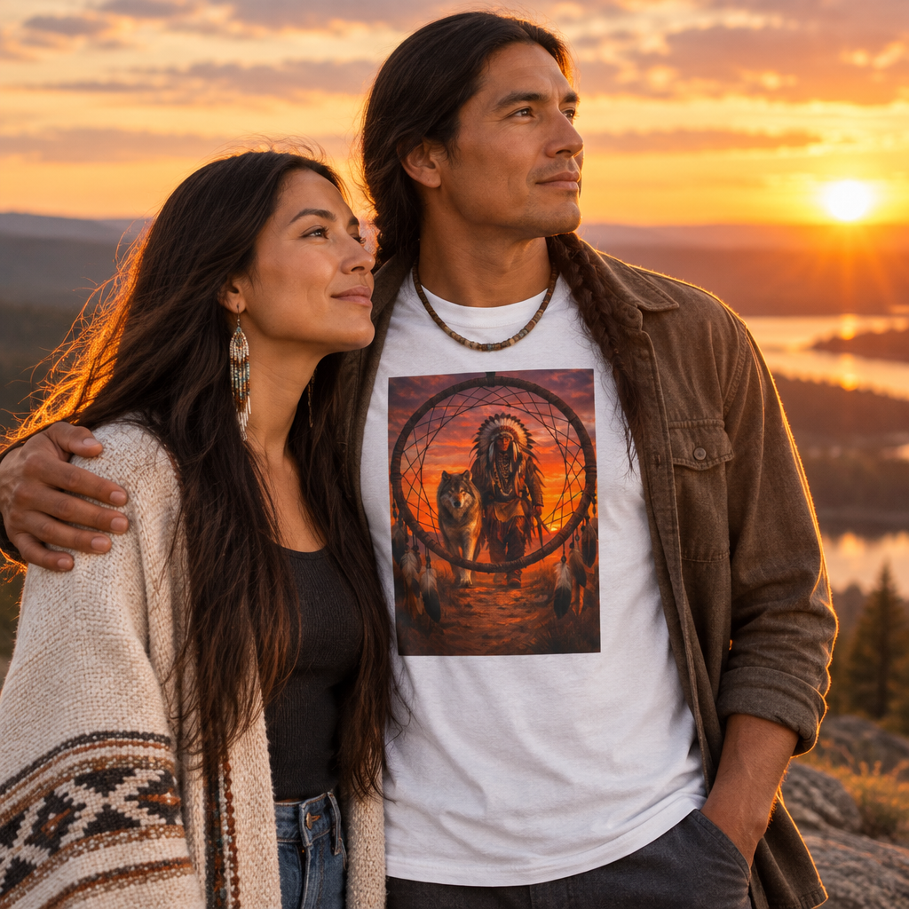 Native Spirit Dreamcatcher T-Shirt — Indigenous Chief & Wolf Sunset Design
