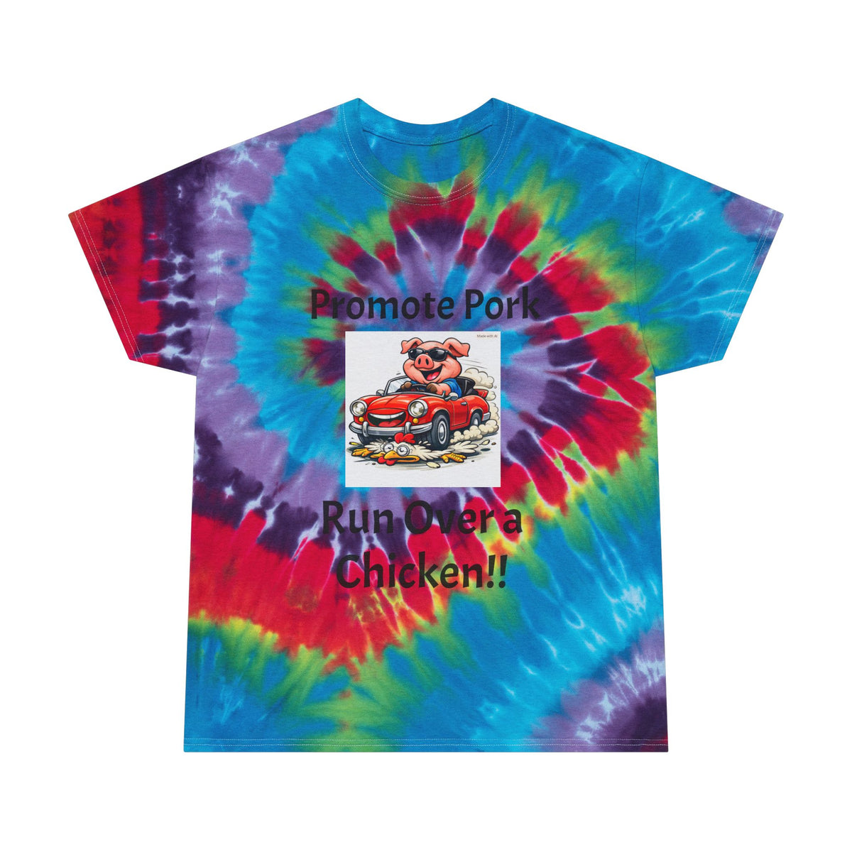 Tie-Dye Tee — "Promote Pork, Run Over a Chicken!!" Spiral Graphic T-Shirt