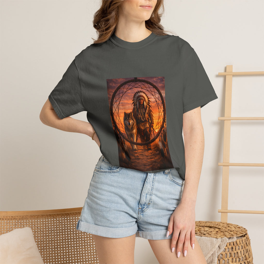 Native Spirit Dreamcatcher T-Shirt — Indigenous Chief & Wolf Sunset Design