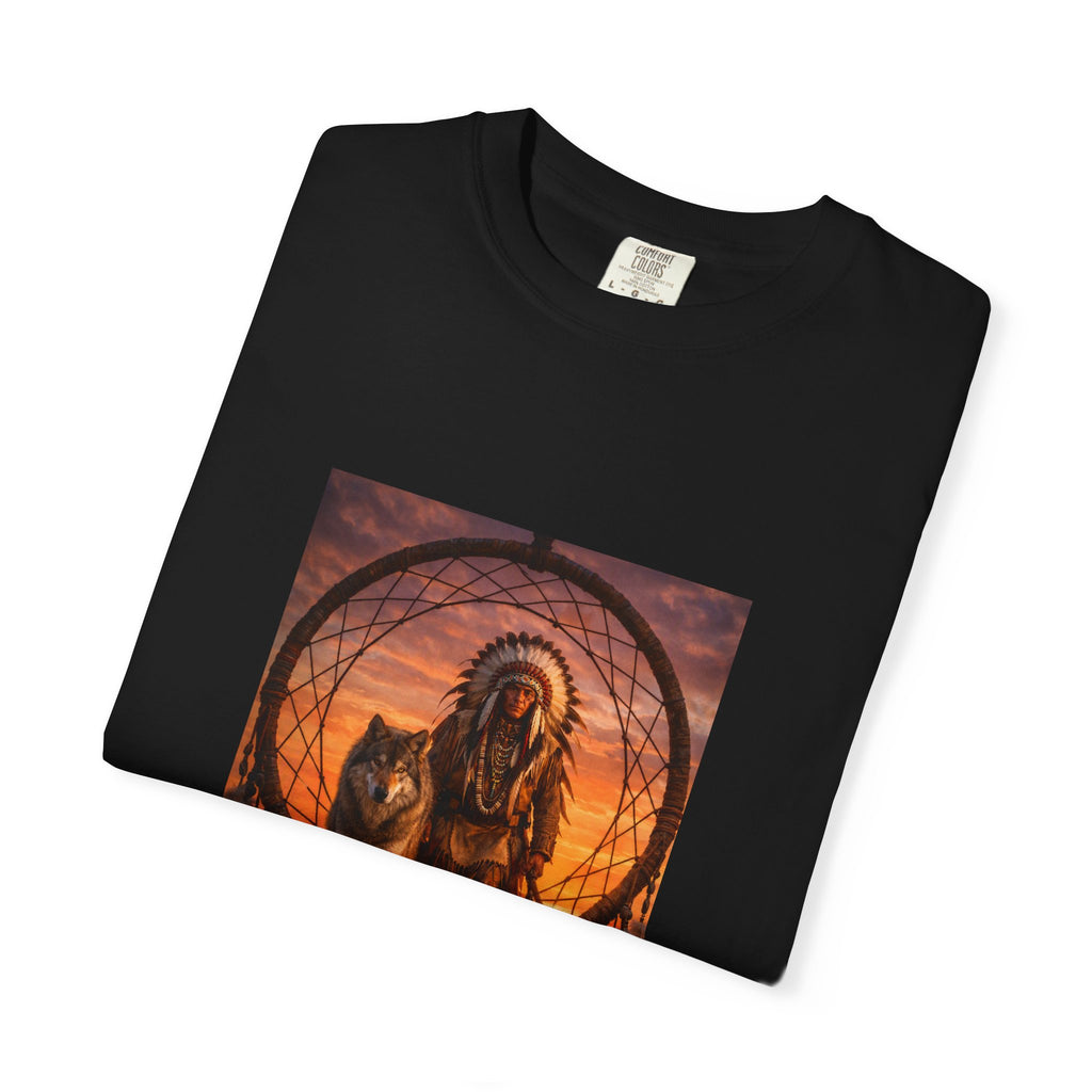 Native Spirit Dreamcatcher T-Shirt — Indigenous Chief & Wolf Sunset Design