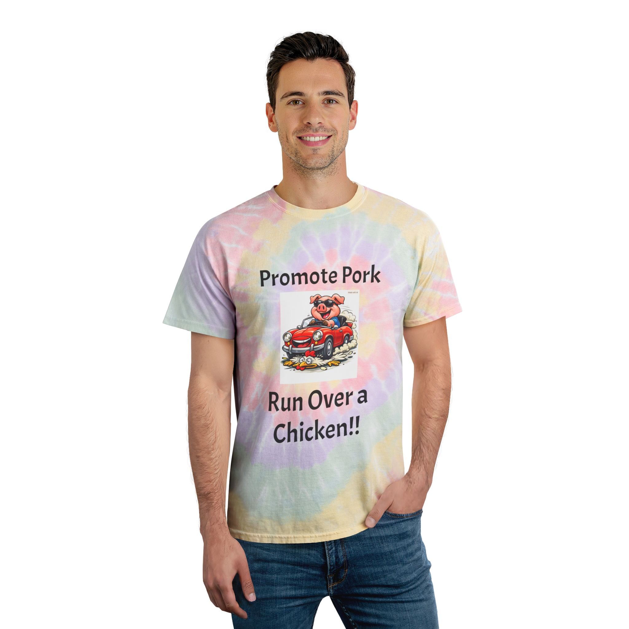 Tie-Dye Tee — "Promote Pork, Run Over a Chicken!!" Spiral Graphic T-Shirt