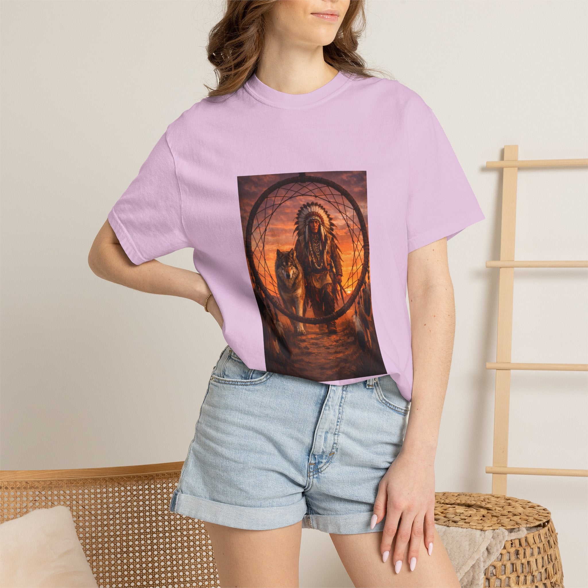 Native Spirit Dreamcatcher T-Shirt — Indigenous Chief & Wolf Sunset Design