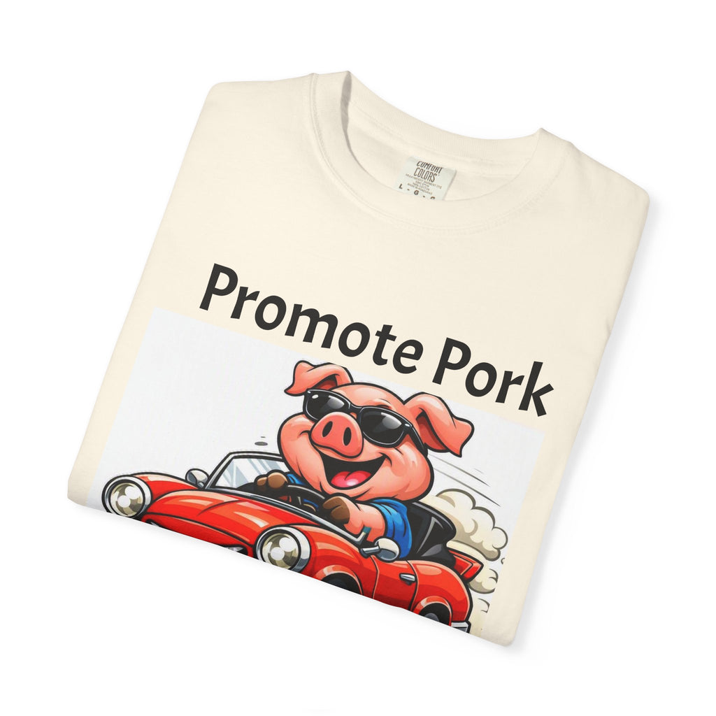 Promote Pork T-Shirt — Funny Pig Driving Car "Run Over a Chicken!" Graphic Tee