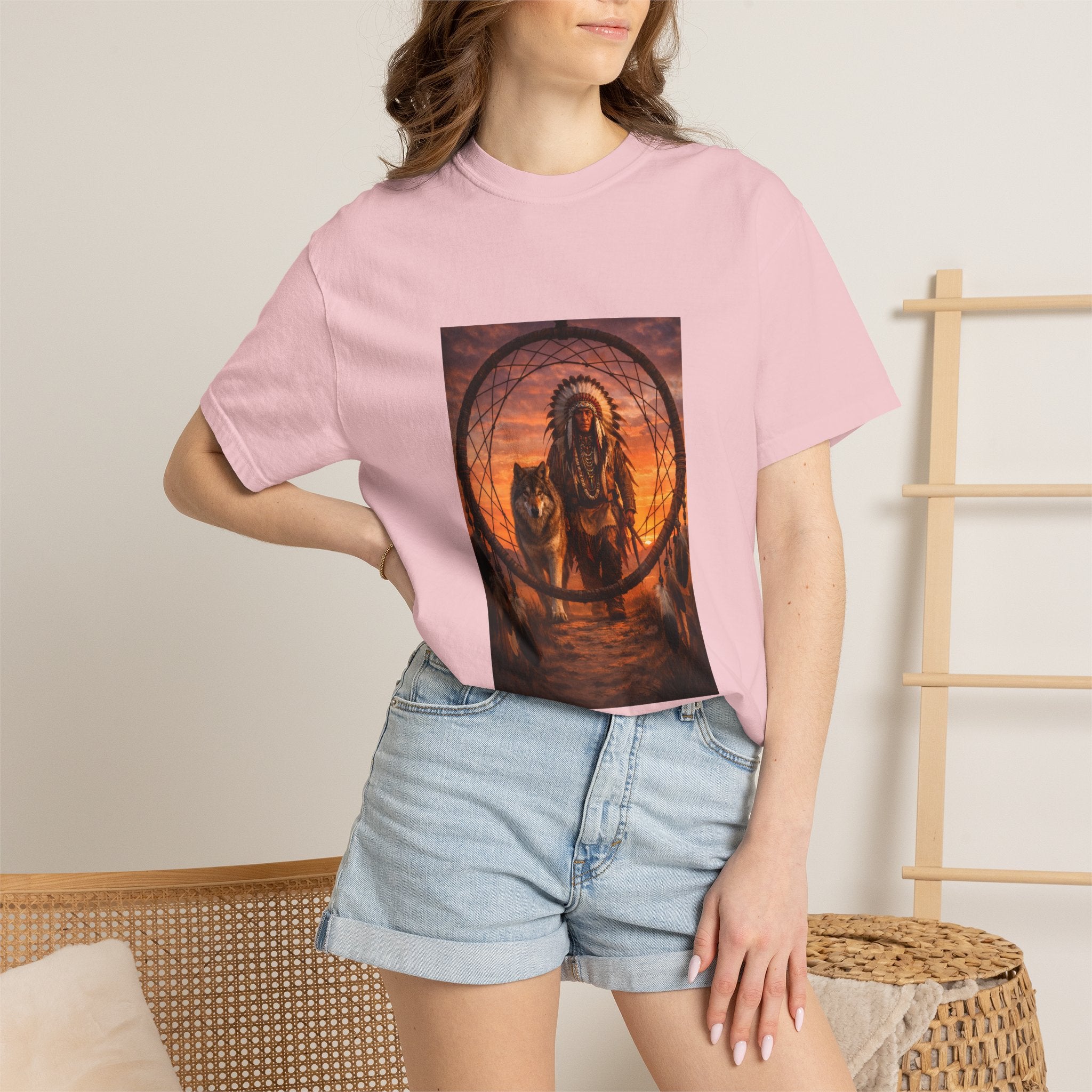 Native Spirit Dreamcatcher T-Shirt — Indigenous Chief & Wolf Sunset Design
