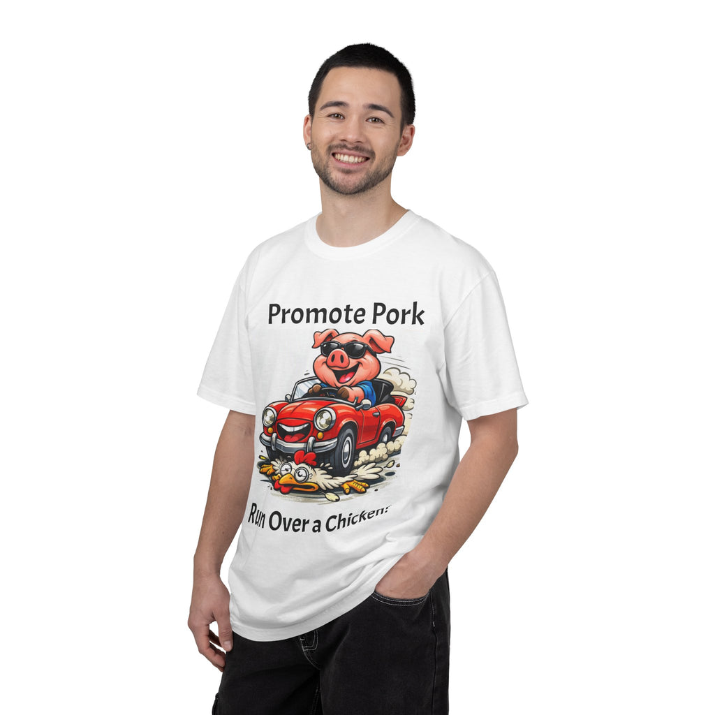 Promote Pork T-Shirt — Funny Pig Driving Car "Run Over a Chicken!" Graphic Tee