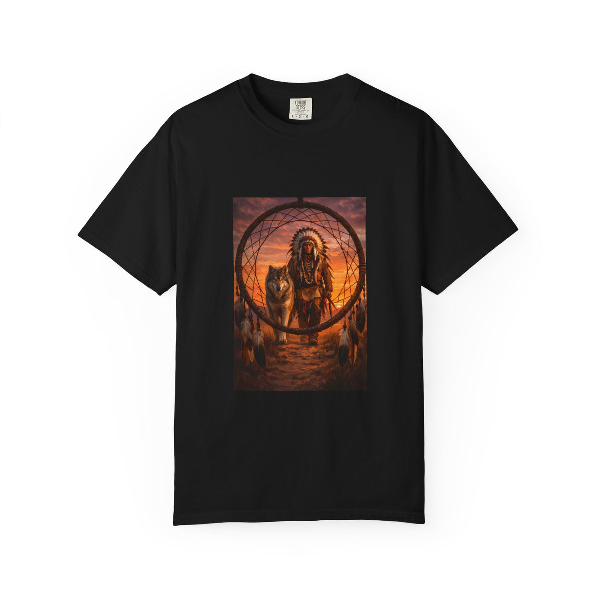 Native Spirit Dreamcatcher T-Shirt — Indigenous Chief & Wolf Sunset Design