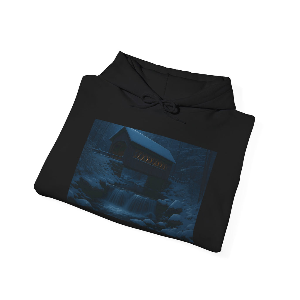 Cottage in Moonlight Hoodie – Nighttime Cabin Scenic Sweatshirt
