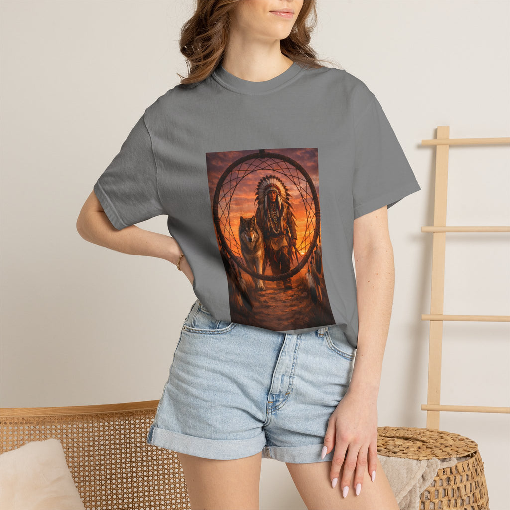 Native Spirit Dreamcatcher T-Shirt — Indigenous Chief & Wolf Sunset Design