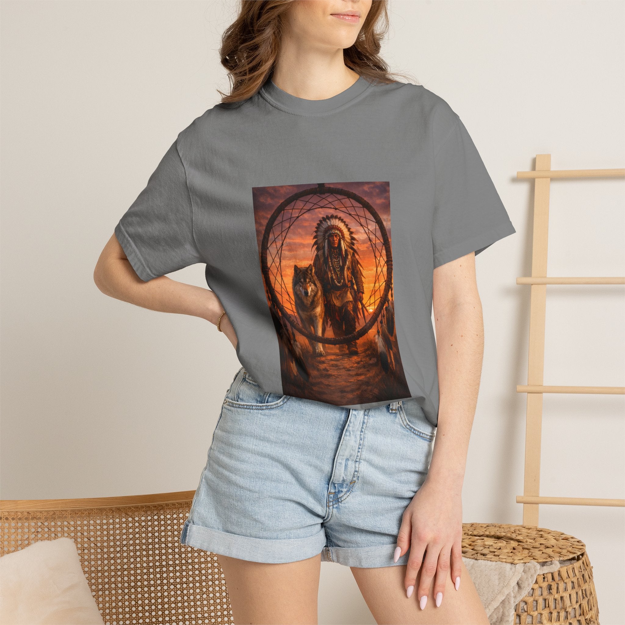Native Spirit Dreamcatcher T-Shirt — Indigenous Chief & Wolf Sunset Design