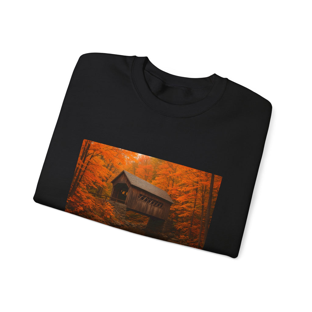 Autumn Covered Bridge Sweatshirt — Rustic Fall Cabin Scenery Crewneck