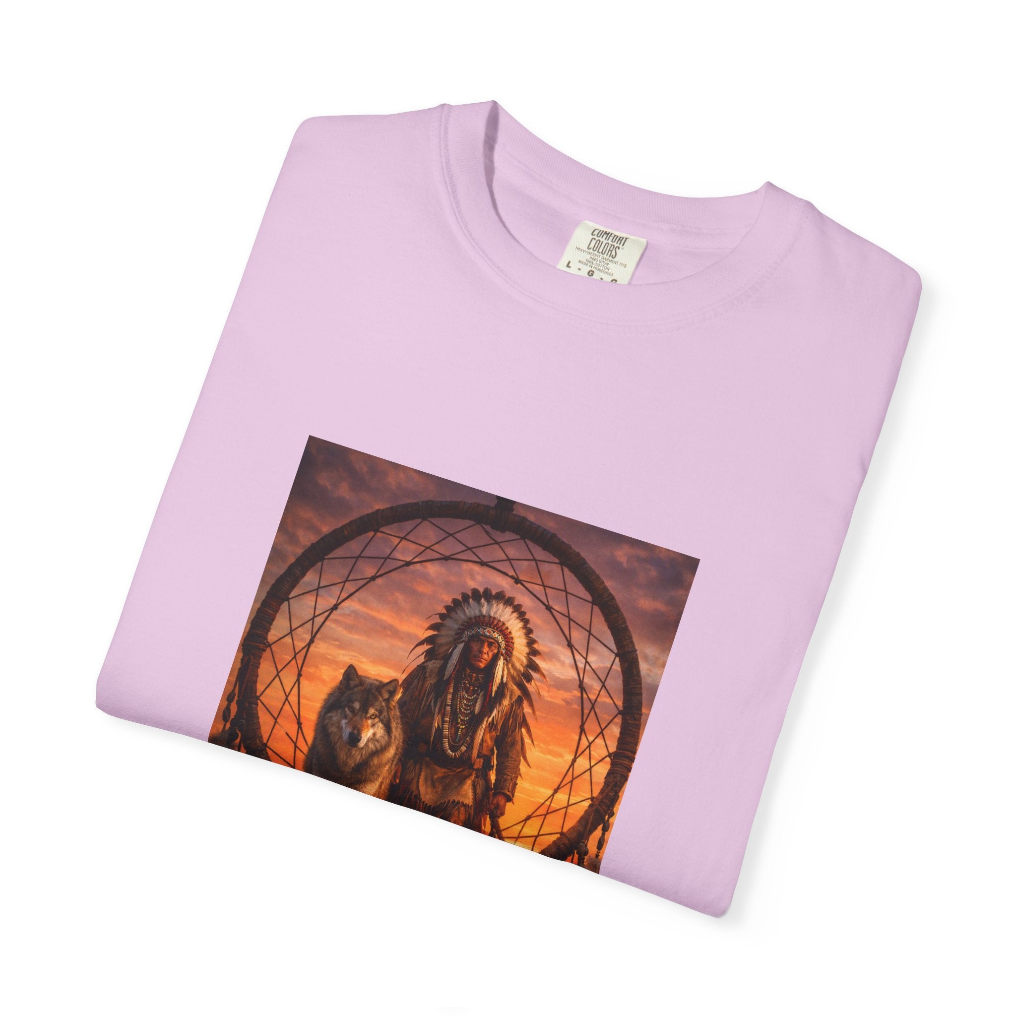Native Spirit Dreamcatcher T-Shirt — Indigenous Chief & Wolf Sunset Design