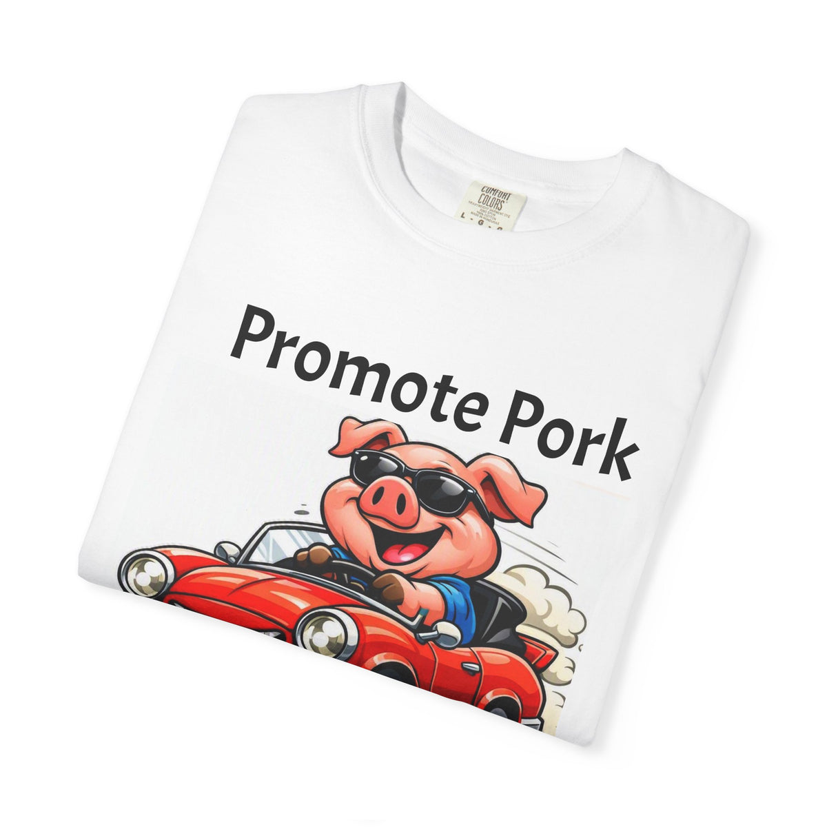 Promote Pork T-Shirt — Funny Pig Driving Car "Run Over a Chicken!" Graphic Tee