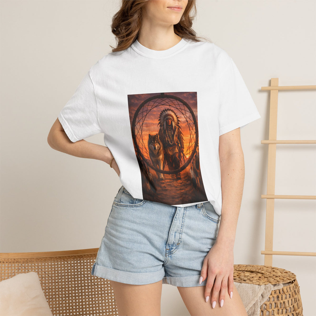 Native Spirit Dreamcatcher T-Shirt — Indigenous Chief & Wolf Sunset Design
