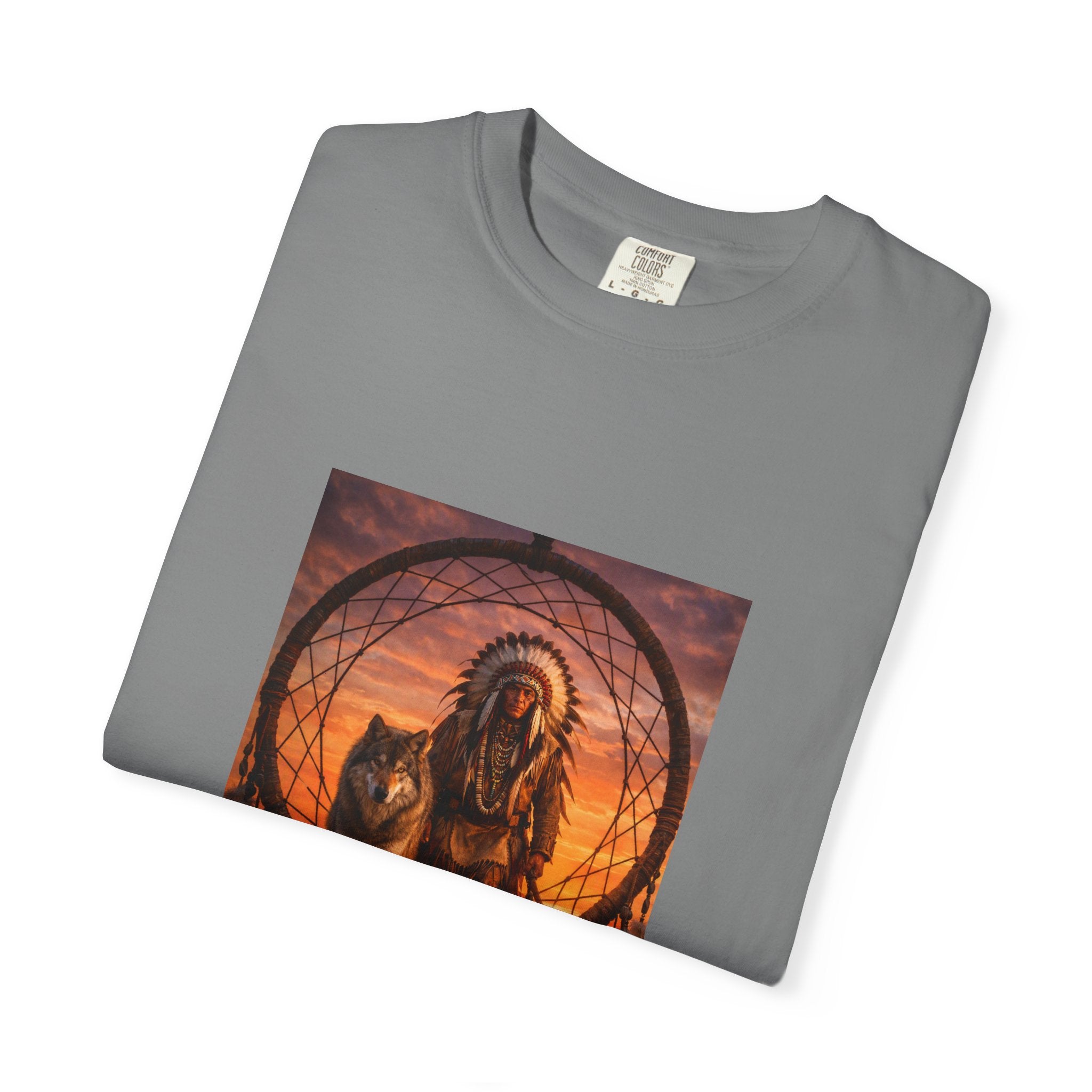 Native Spirit Dreamcatcher T-Shirt — Indigenous Chief & Wolf Sunset Design