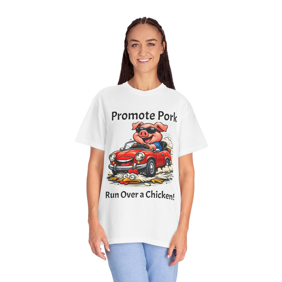 Promote Pork T-Shirt — Funny Pig Driving Car "Run Over a Chicken!" Graphic Tee