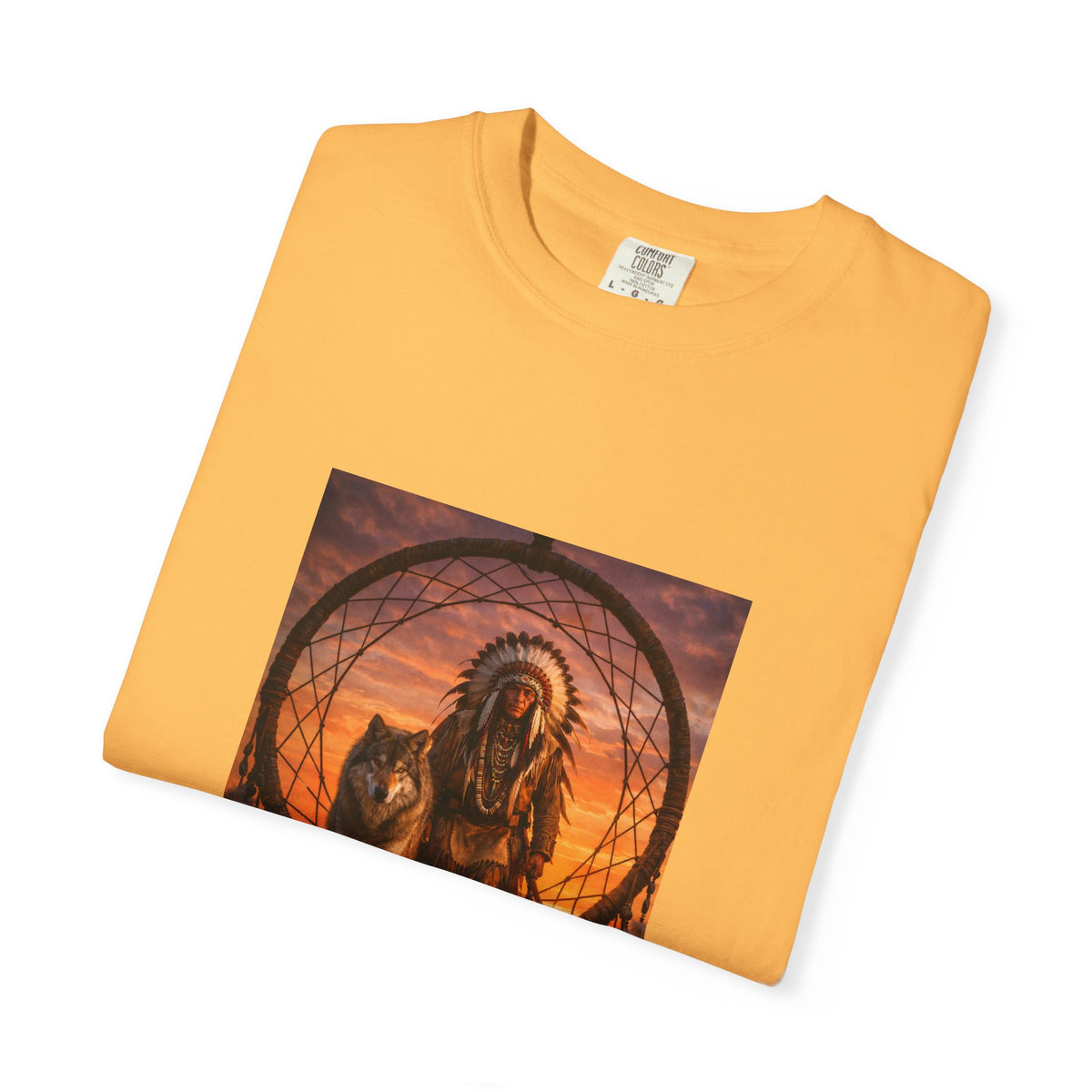Native Spirit Dreamcatcher T-Shirt — Indigenous Chief & Wolf Sunset Design