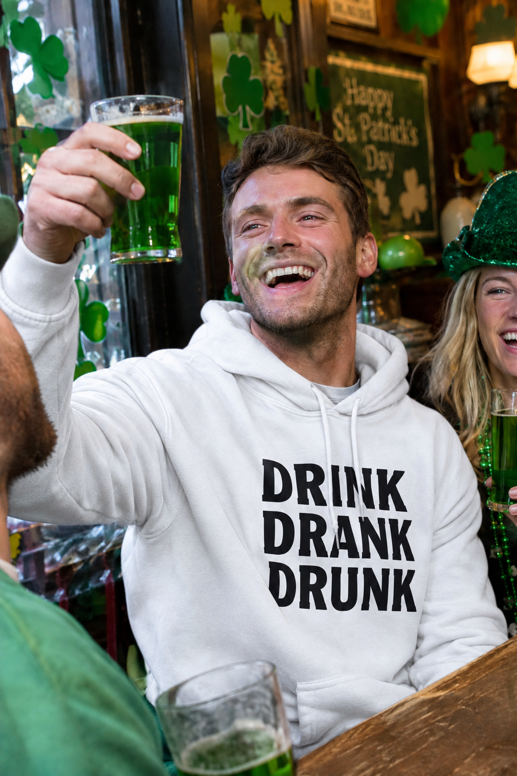 St. Patrick's Day Hoodie - "Drink Drank Drunk" Shamrock Party Sweatshirt
