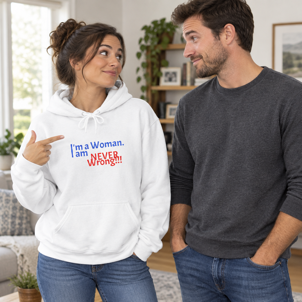 Hoodie — "I'm a Woman. I am NEVER wrong!!!" Funny Feminist Graphic Hoodie