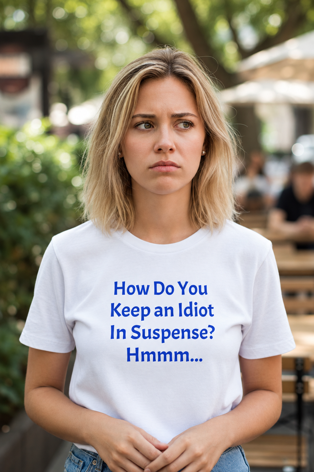 Funny Quote T-Shirt - "How Do You Keep an Idiot in Suspense? Hmmm..."