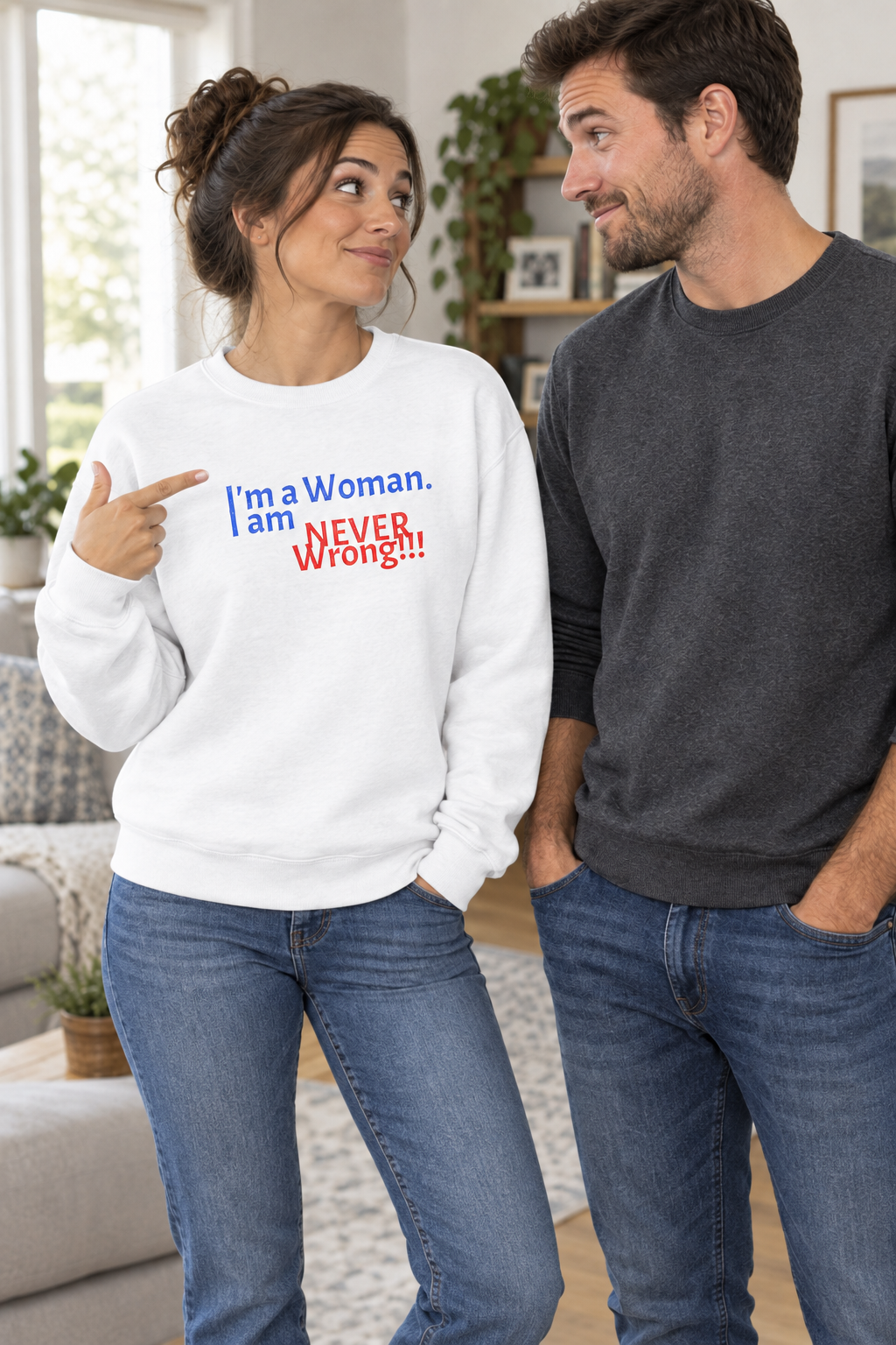 Crewneck Sweatshirt — “I am a Woman. I am NEVER Wrong!” Feminist Statement Pullover